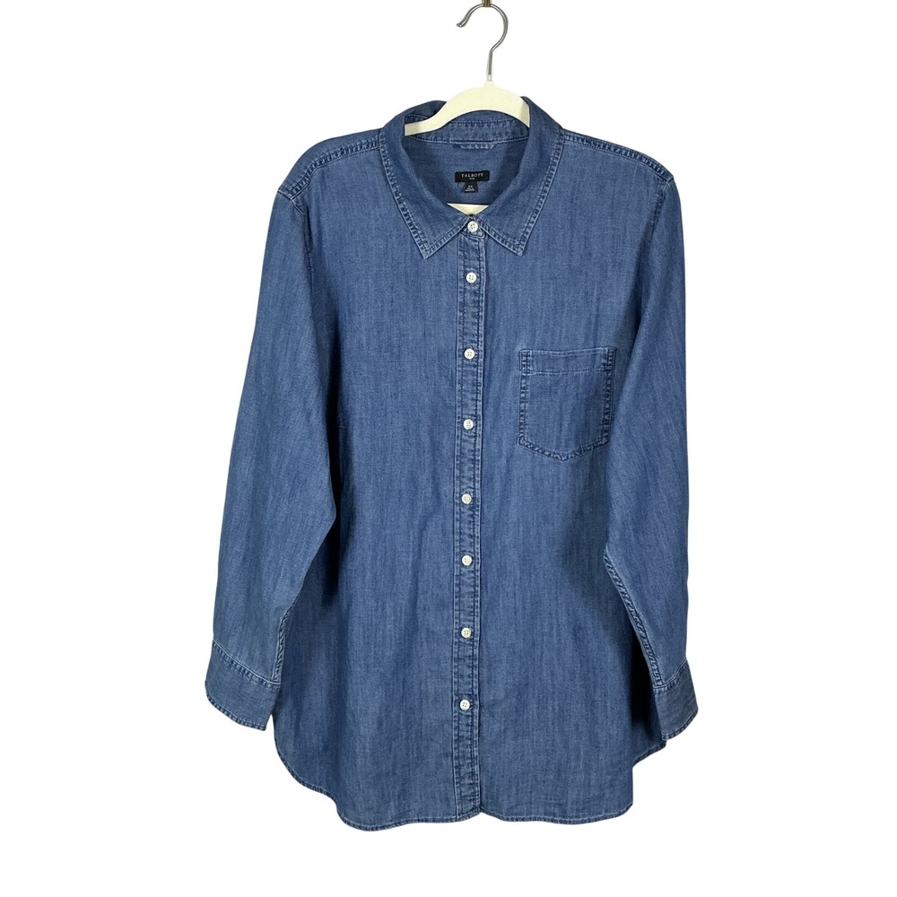Talbots Plus Womens 2X Blue Denim Tencel Button Down Shirt Long Sleeve Pocket
